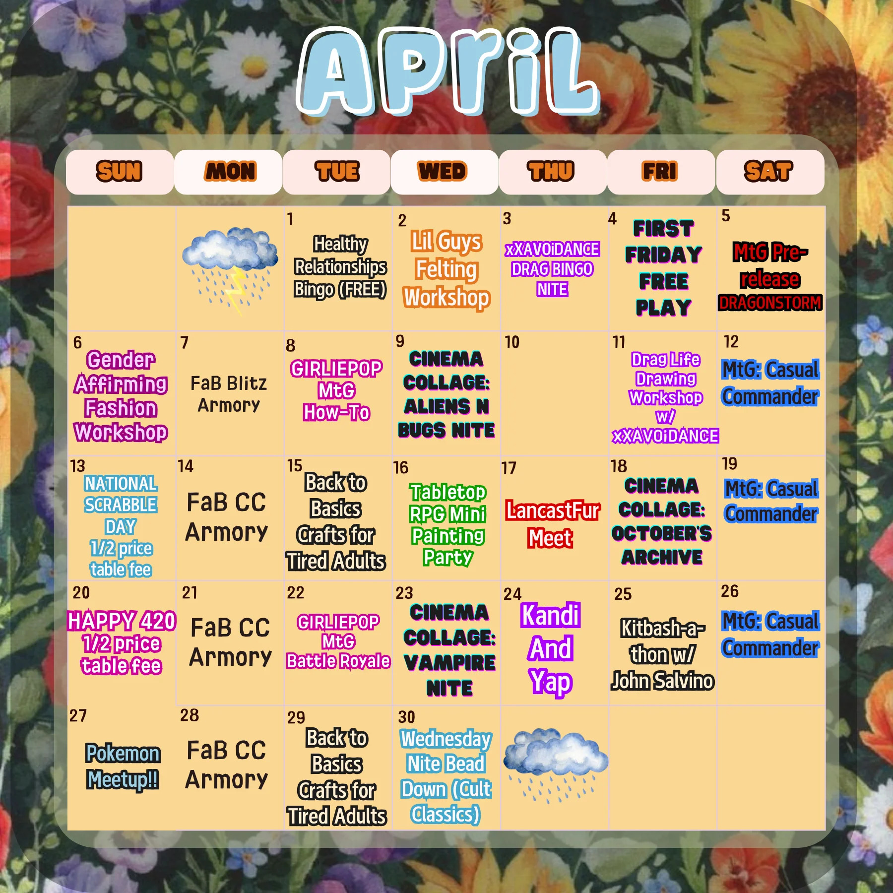 The Midnight Oil's April Events Calendar.